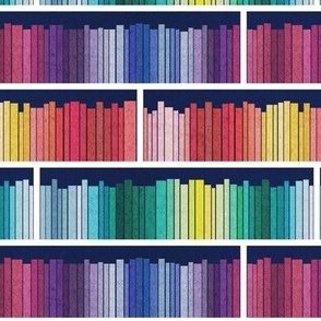 Small scale // Rainbow books // navy blue background white bookshelf