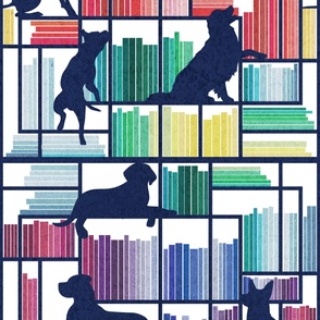 Large jumbo scale // Rainbow bookshelf with large dog breeds // white background navy book shelves and library dogs multicoloured books // Great Dane German Shepherd Labrador Retriever Golden Retriever Border Collie Pitbull Greyhound