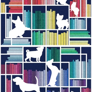 Large jumbo scale // Rainbow bookshelf with small and medium dog breeds // navy blue background white book shelves and library dogs multicoloured books // Poodle Jack Russel Beagle Dachshund Pug Corgi Yorkshire Terrier Chihuahua Pomeranian 