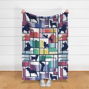 Large jumbo scale // Rainbow bookshelf with small and medium dog breeds // white background navy book shelves and library dogs multicoloured books // Poodle Jack Russel Beagle Dachshund Pug Corgi Yorkshire Terrier Chihuahua Pomeranian 