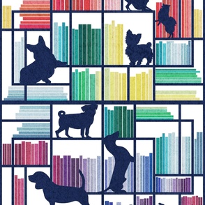 Large jumbo scale // Rainbow bookshelf with small and medium dog breeds // white background navy book shelves and library dogs multicoloured books // Poodle Jack Russel Beagle Dachshund Pug Corgi Yorkshire Terrier Chihuahua Pomeranian 