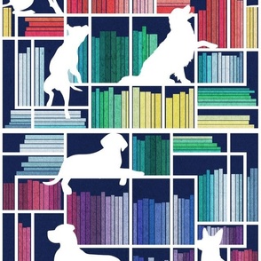 Normal scale // Rainbow bookshelf with large dog breeds // navy blue background white book shelves and library dogs multicoloured books // Great Dane German Shepherd Labrador Retriever Golden Retriever Border Collie Pitbull Greyhound