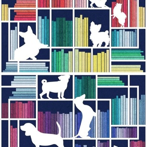 Normal scale // Rainbow bookshelf with small and medium dog breeds // navy blue background white book shelves and library dogs multicoloured books // Poodle Jack Russel Beagle Dachshund Pug Corgi Yorkshire Terrier Chihuahua Pomeranian 