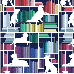 Small scale // Rainbow bookshelf with large dog breeds // navy blue background white book shelves and library dogs multicoloured books // Great Dane German Shepherd Labrador Retriever Golden Retriever Border Collie Pitbull Greyhound