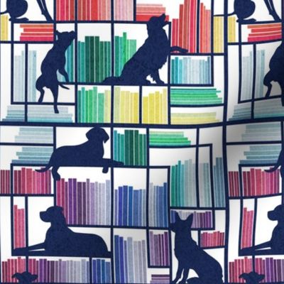 Small scale // Rainbow bookshelf with large dog breeds // white background navy book shelves and library dogs multicoloured books // Great Dane German Shepherd Labrador Retriever Golden Retriever Border Collie Pitbull Greyhound