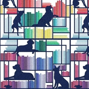 Small scale // Rainbow bookshelf with large dog breeds // white background navy book shelves and library dogs multicoloured books // Great Dane German Shepherd Labrador Retriever Golden Retriever Border Collie Pitbull Greyhound