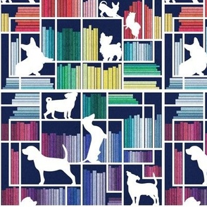 Small scale // Rainbow bookshelf with small and medium dog breeds // navy blue background white book shelves and library dogs multicoloured books // Poodle Jack Russel Beagle Dachshund Pug Corgi Yorkshire Terrier Chihuahua Pomeranian 