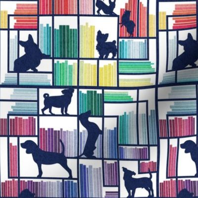 Small scale // Rainbow bookshelf with small and medium dog breeds // white background navy book shelves and library dogs multicoloured books // Poodle Jack Russel Beagle Dachshund Pug Corgi Yorkshire Terrier Chihuahua Pomeranian 