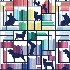 Small scale // Rainbow bookshelf with small and medium dog breeds // white background navy book shelves and library dogs multicoloured books // Poodle Jack Russel Beagle Dachshund Pug Corgi Yorkshire Terrier Chihuahua Pomeranian 