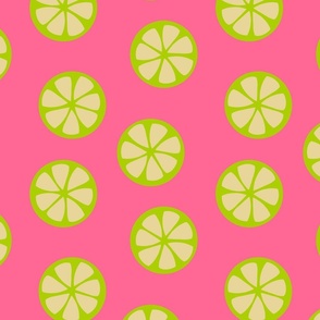 Lemon lime citrus fruit slices, green yellow pink background