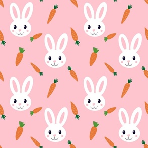 Cute Pink Easter Bunny Rabbit with Orange Carrots