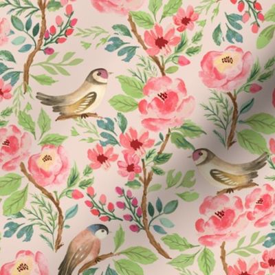 Vintage birds and flowers Blush Small