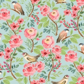 Vintage birds and flowers Duck Egg Blue Small