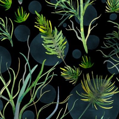 Enchanted Watercolor Forest//13x13//Dark Green, Yellow, and Blue, on Black//HandPainted 