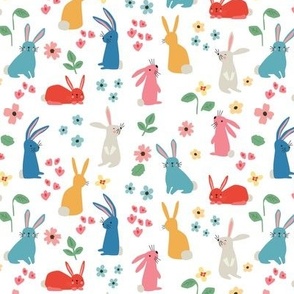Bunnies and Flowers on White bright - 1 1/2  inch