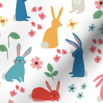 Bunnies and Flowers on White bright - 3 inch