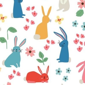 Bunnies and Flowers on White bright - 3 inch