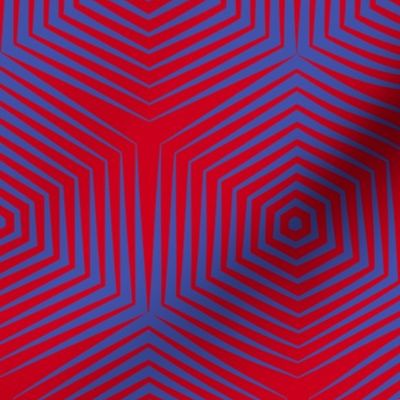 Op Art Hexagon Stripes in Blue on Red