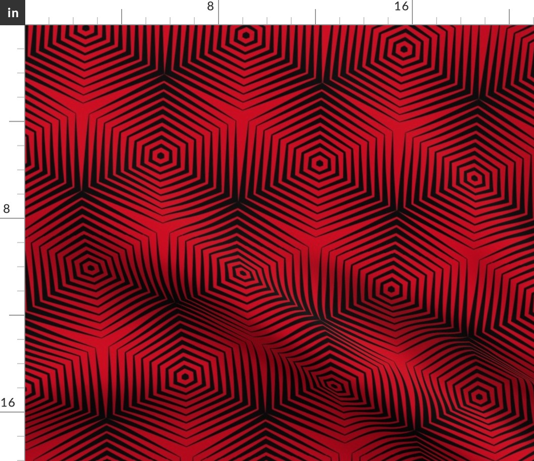 Op Art Hexagon Stripes in Black on Red