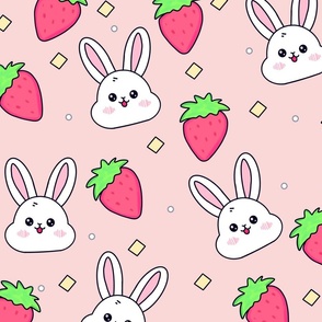 Bunnies and Strawberries on Light Pink