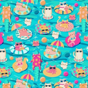 big// Cats on vacations, relaxing in the swimming pool - kawaii style