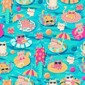 medium// Cats on vacations, relaxing in the swimming pool - kawaii style