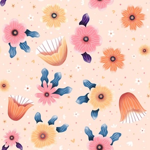 Fantasy vibrant flowers on cream background