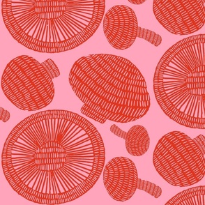 Mushrooms pop art block print red on pink (large)