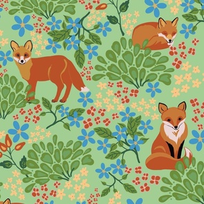 Whimsical Fox Family in Flower Garden on green