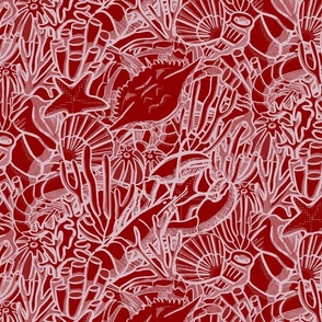 Wall to wall seafood (medium scale) - red and pink - tonal, hand drawn maximalism