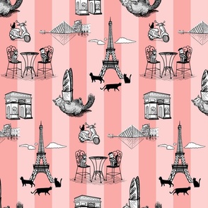 Cats in Paris Toile de Jouy, Blush Pink Stripes