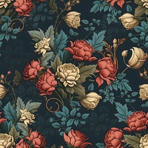 Classical Rose Ornate Pattern Print on Muted Blue 008