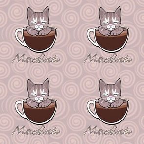 Macchicato cute cats in cups on pale milky coffee swirls