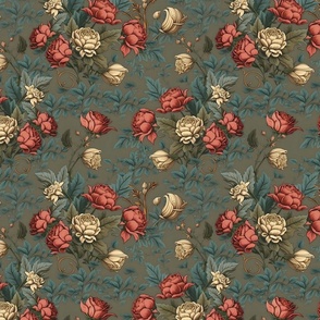 Classical Rose Ornate Pattern Print on Muted Green 009