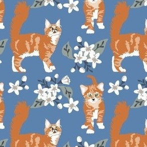 small scale // Orange Cats Blue denim White Floral  small print kitten cat fabric