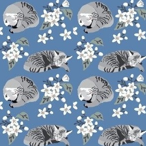 Two gray cats asleep on a blue and white floral 