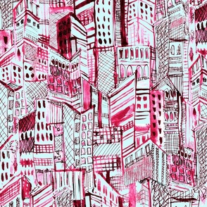 Painterly abstract city in viva magenta and ignite baby blue