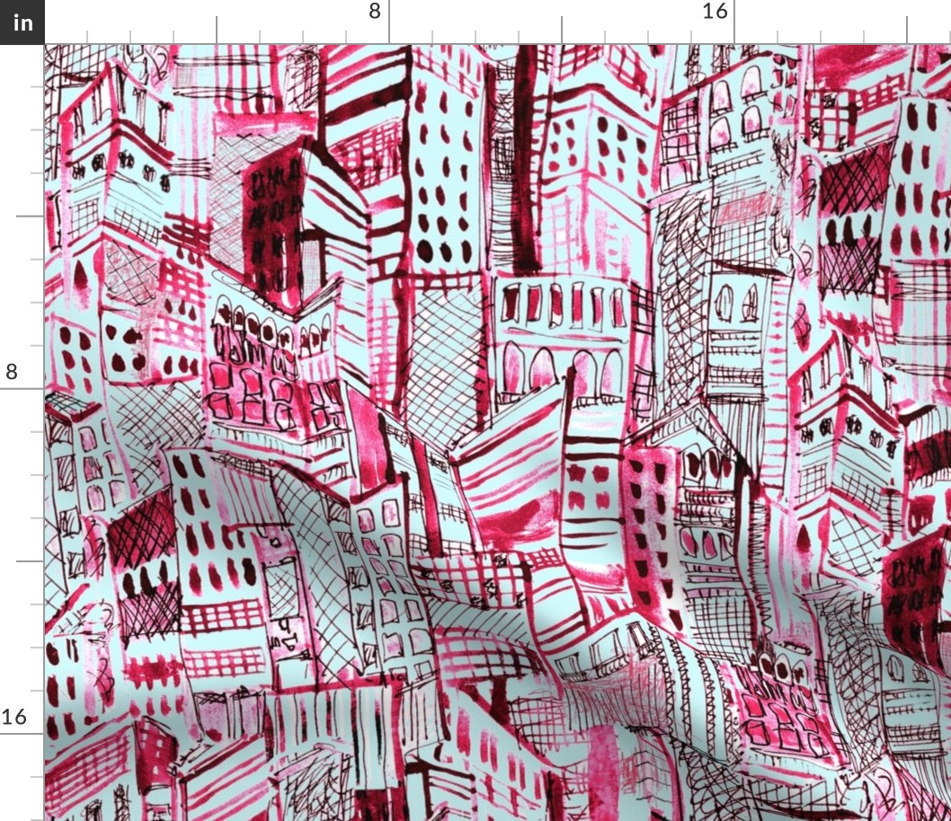 Painterly abstract city in viva magenta and ignite baby blue
