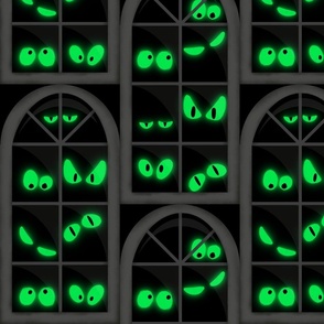 Green neon glowing eyes in night. Ghost looking througn window. Scary halloween print. Halloween 2023 fabric.