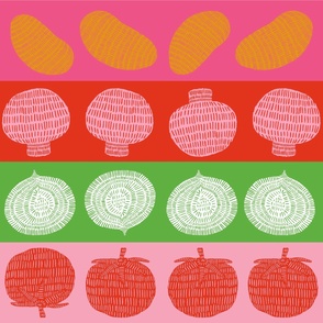 Jumbo vegetable stripes pop art block print in pink, red, green, white, yellow