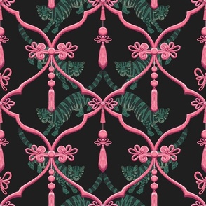 Passementerie Chinoiserie Ogee in pink and jade with tigers, MEDIUM scale