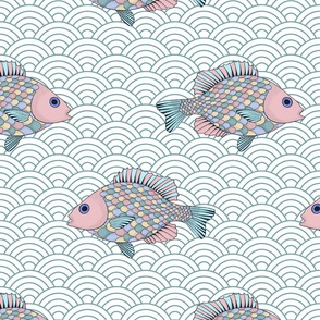 Fish scale tile with fish - green pastel