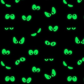 Green neon glowing eyes in night. Scary halloween print. Halloween 2023 fabric.