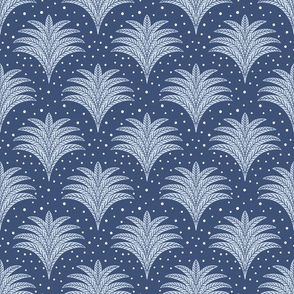 little palm fans/navy with background dots