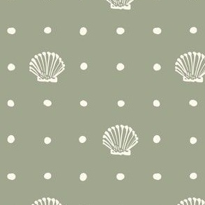 Mini | Natural Beach Seashell Elegance: Minimalistic Coastal Pattern with Hand-Drawn White Ink Brush Ocean Shells and White Dots on Solid Unicolor Mint Green Block Repeat Geometrical Pattern Design for Garden Upholstery, Bathroom Wallpaper, Kids Clothing