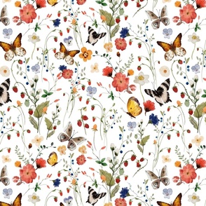 21"  a colorful summer red blue and black berries wildflower meadow  - nostalgic Wildflowers and Herbs home decor on white double layer,   Baby Girl and nursery fabric perfect for kidsroom wallpaper, kids room, kids decor single layer