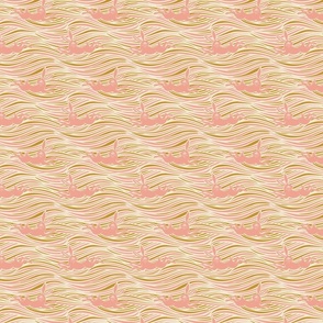small | Pink rabbit on cream white with mustard and warm pink wavy stripes | minimal design | linocut block printing look 