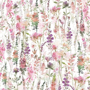 21"  a pink and purple very abstract summer wildflower meadow  - nostalgic Wildflowers and Herbs home decor on white double layer,    baby Girl and nursery fabric perfect for kidsroom wallpaper, kids room, kids decor