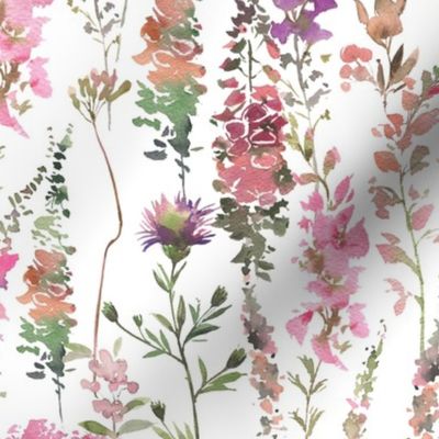 21" a pink and purple very abstract summer wildflower meadow  - nostalgic flowers and herbs home decor on white,  baby Girl and nursery fabric perfect for kidsroom wallpaper, kids room, kids decor