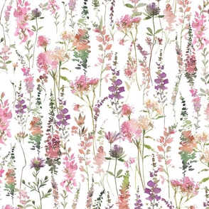 21" a pink and purple very abstract summer wildflower meadow  - nostalgic flowers and herbs home decor on white,  baby Girl and nursery fabric perfect for kidsroom wallpaper, kids room, kids decor